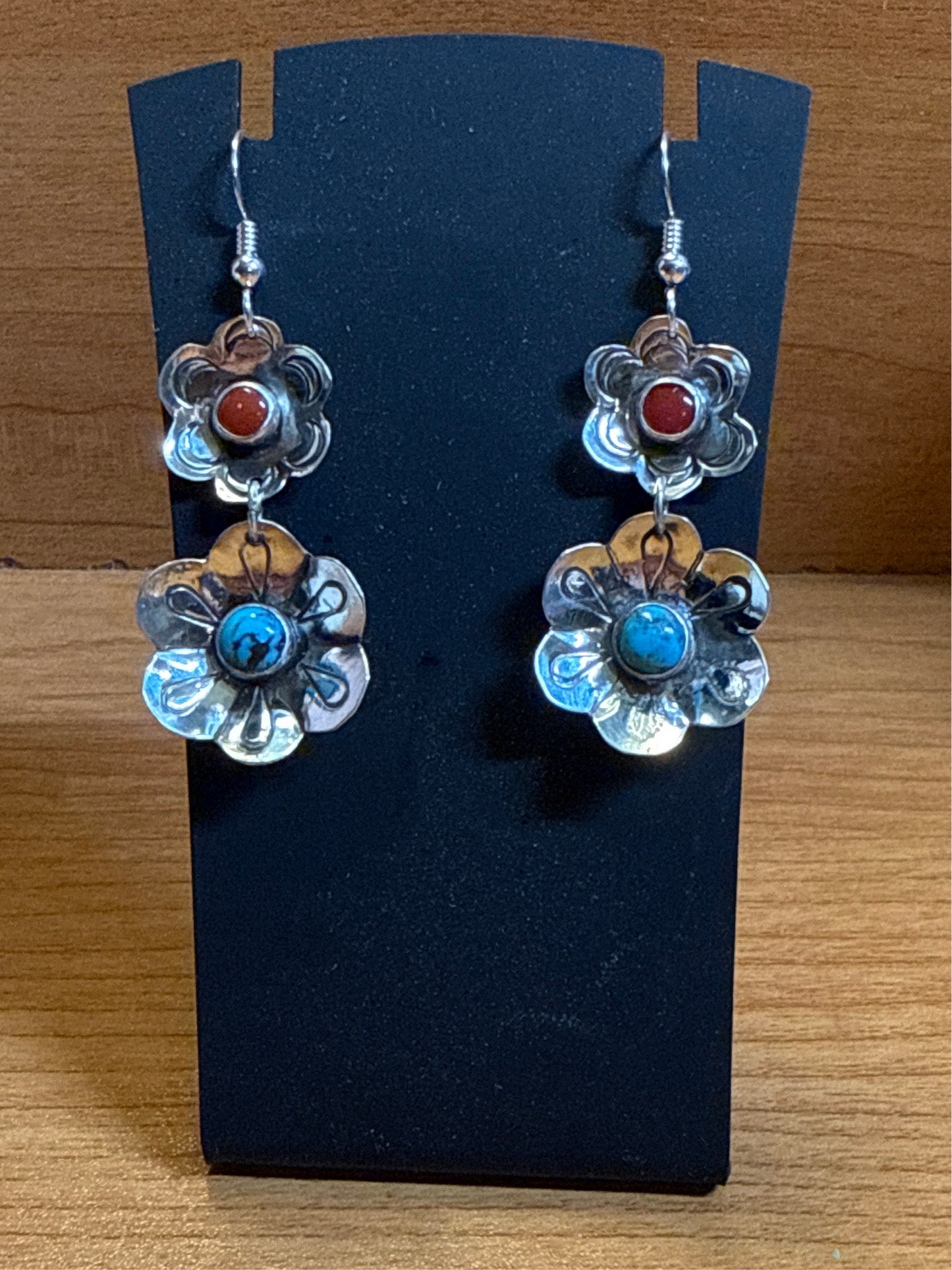 Turquoise and Red Coral Flower Earrings